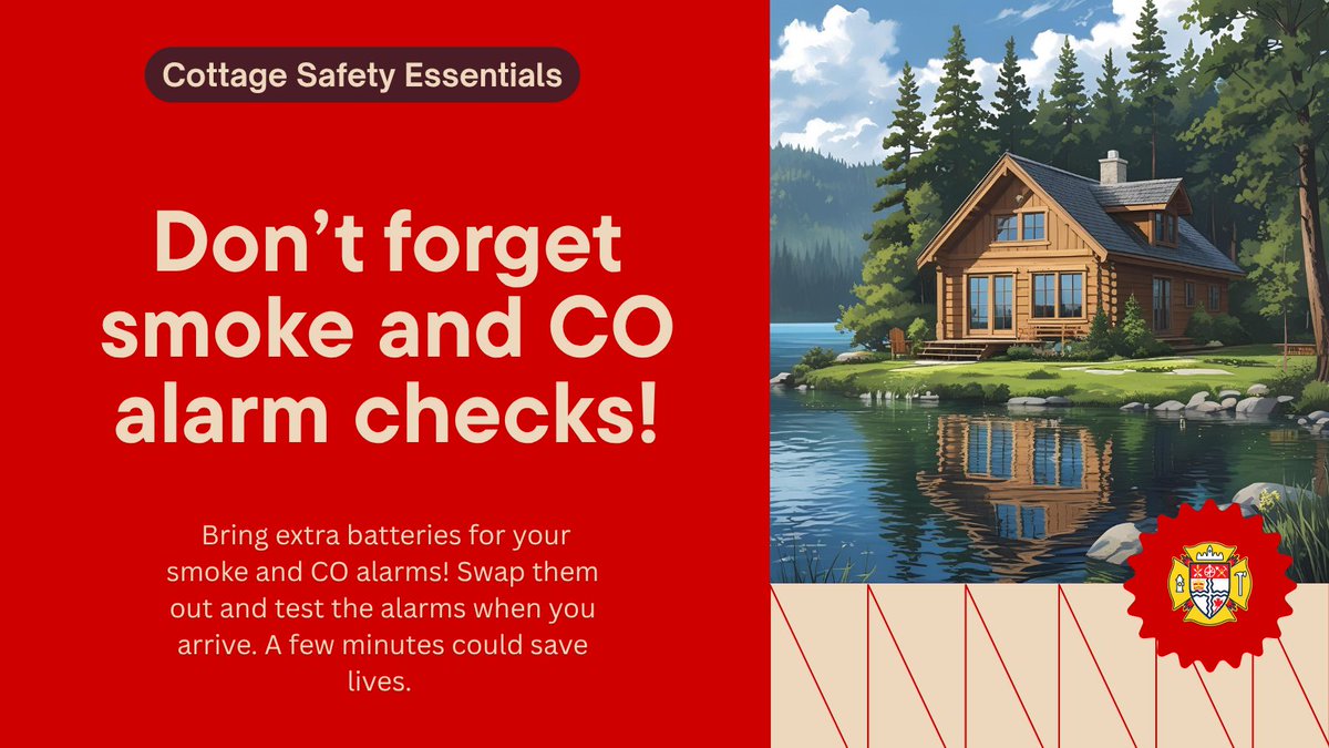 OttFirePrevent's tweet photo. "Packing for the cottage? Sunscreen, snacks… and batteries! Don’t forget to change and test your smoke and CO alarms when you get there. #CottageFireSafety 🔥🏕️" https://t.co/CgCYCG3vbe