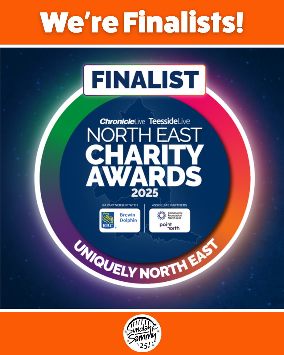 sundayforsammy's tweet photo. We’re thrilled to be finalists in the Uniquely North East category at the 2025 @NECharityAwards! 🧡 A huge honour that celebrates our support for homegrown talent and Geordie pride. Thank you for backing Sunday for Sammy! 🙌 #SundayForSammy #NECharityAwards https://t.co/erwxk31Tep