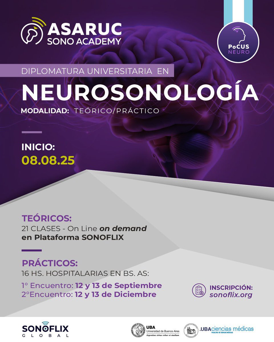 ASARUC SONO Academy (@asaruc1) on Twitter photo 🧠 DIPLOMATURA UNIVERSITARIA EN NEUROSONOLOGÍA
📆 Comienza el 8 de agosto
🖥️ 21 clases teóricas online
🧑⚕️ Prácticos presenciales con pacientes y modelos
🚨 ¡Últimos cupos!
📩 secretaria@asaruc.org
🔗 sonoflix.asaruc.org
#Neurosonología #DopplerTranscraneal #POCUS 🧠 DIPLOMATURA UNIVERSITARIA EN NEUROSONOLOGÍA
📆 Comienza el 8 de agosto
🖥️ 21 clases teóricas online
🧑⚕️ Prácticos presenciales con pacientes y modelos
🚨 ¡Últimos cupos!
📩 secretaria@asaruc.org
🔗 sonoflix.asaruc.org
#Neurosonología #DopplerTranscraneal #POCUS