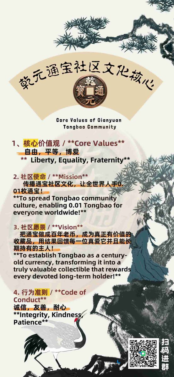 第一章   乾元通宝社区文化

1、乾元通宝社区的核心价值观
自由，平等，博爱

2、乾元通宝社区的使命
传播通宝社区文化，让全世界人手0.01枚通宝！

3、乾元通宝社区的愿景
把通宝做成百年老币，成为真正有价值的收藏品，用结果回馈每一位真爱它并且能长期持有的主人！
