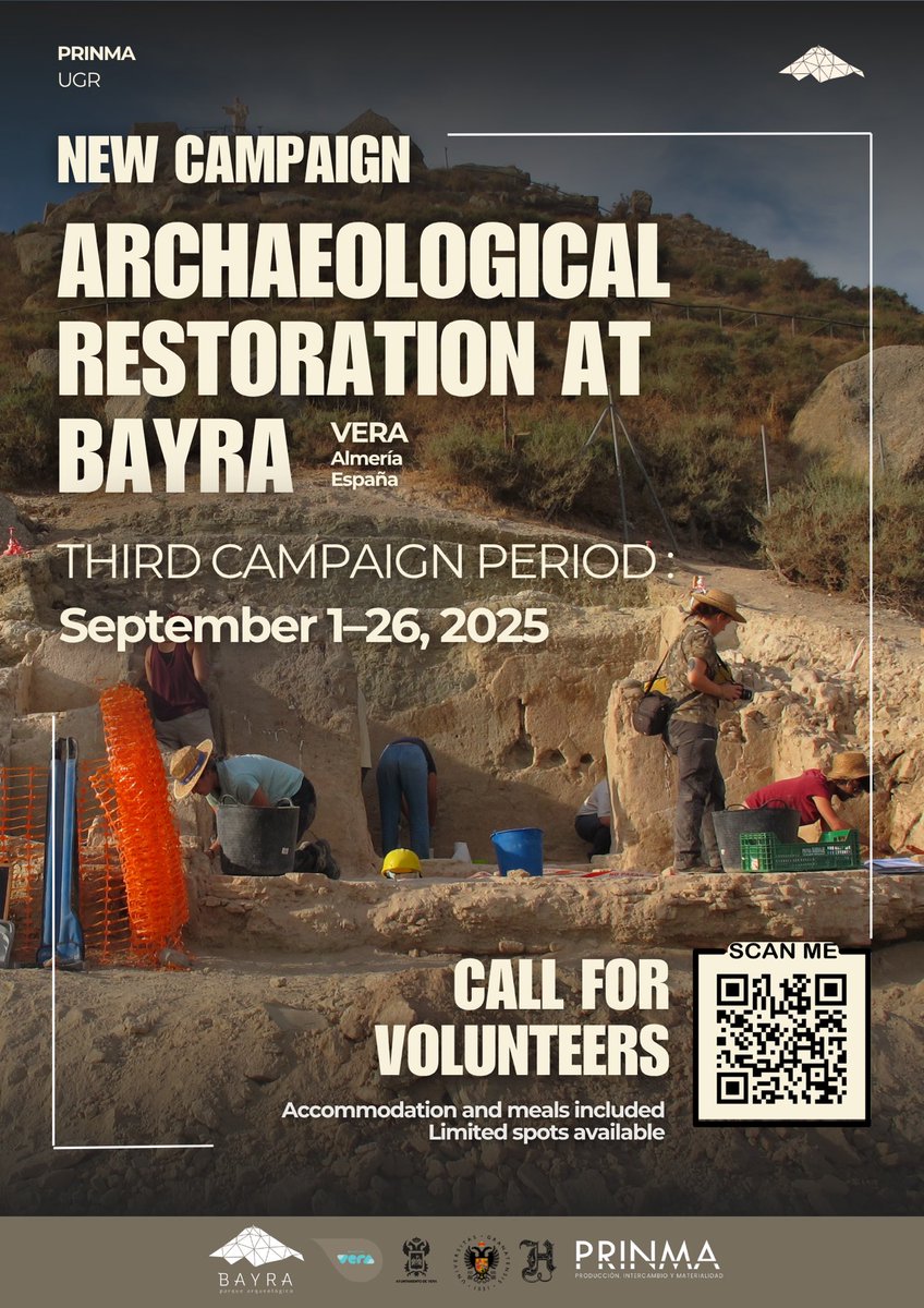 📢 ¡Últimas plazas para la campaña de restauración en Bayra!

🔨 Del 1 al 26 de septiembre (llegada 31 ago) trabajaremos en la consolidación de las estructuras del yacimiento.

📍 Vera, Almería
🔗 Inscríbete aquí 👉 goo.su/NjDo3I

#Arqueología #Bayra2025 #Restauración