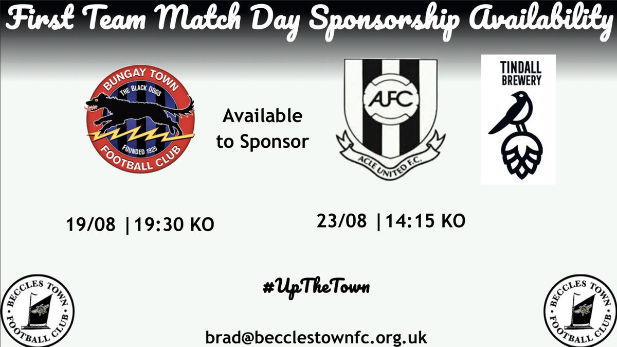 Match Day Sponsorship Availability || 

We have availability to sponsor our first home game of the season… and what a game it is as we welcome local rivals <a href="/BungayTownFC/">Bungay Town FC</a>! 

Thanks to <a href="/tindallbrewery/">Tindall Brewery</a> for sponsoring our game vs 24/25 champions Acle. 

#BTFC #OurClub ⚫️⛵️⚪️