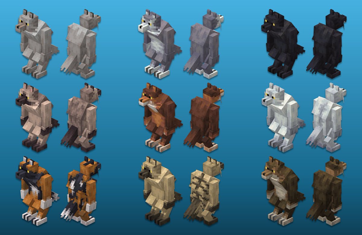 JWolf1765's tweet image. There&apos;ll be 9 werewolf variants, one for each vanilla wolf type. Your coat variant will depend on the biome where you first transform.

If needed, there&apos;ll also be a way to change your coat color later. #Minecraft #Addon