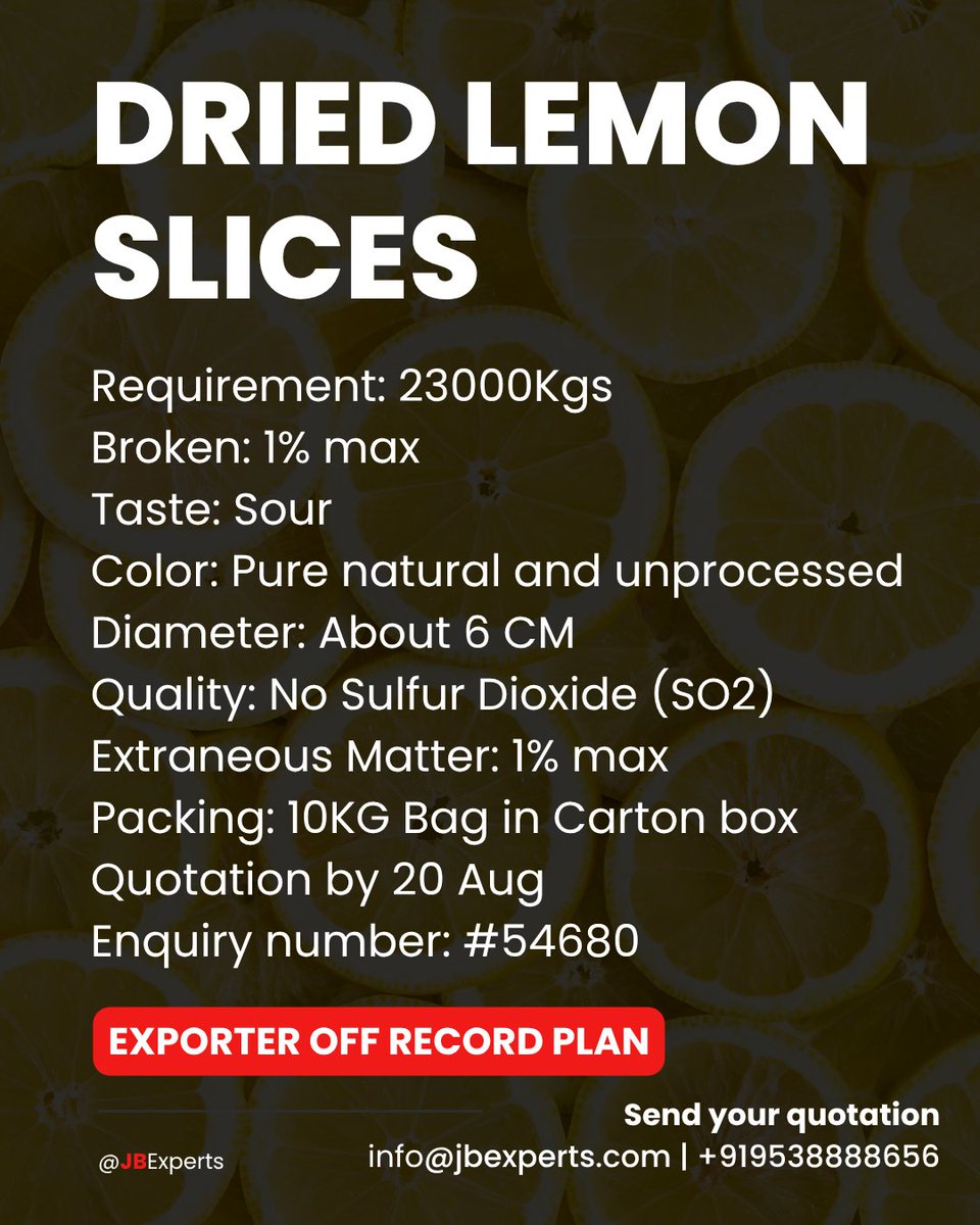 jb_experts's tweet image. 🍋 SOUR. CLEAN. GLOBAL.
We’re looking to source 23,000 Kgs of Dried Lemon Slices — and we don’t cut corners.
⚠️ No sulfur dioxide
⚠️ No more than 1% broken
⚠️ No more than 1% foreign matter
✅ Pure, unprocessed, natural yellow
📏 Diameter: ~6 cm
📦 10 KG in carton-packed bags
📝…