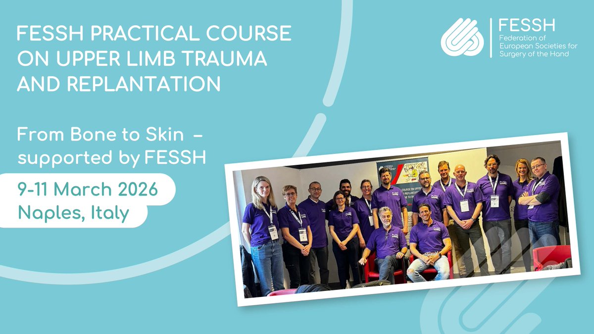 FESSH PRACTICAL COURSE
Topic: Upper Limb Trauma &amp; Replantation
🗓️ 9-11 March 2026 | 📍 Naples, Italy
FESSH supports up to €600 for eligible participants
Apply by 15 Sept 2025!
asszisztencia.hu/microhand/2026…
