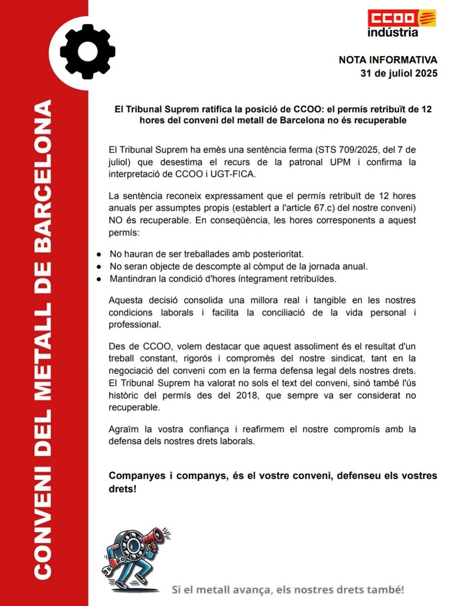 ⚙️ El Tribunal Suprem ens dona la raó‼️

El tribunal ha desestimant el recurs de  la patronal <a href="/UPMbcn/">UPM</a> i ha dictat que el permís retribuït de 12 h del #ConveniMetallBCN NO és recuperable ✊

La sentència és ferma!
#MetallEnLluita