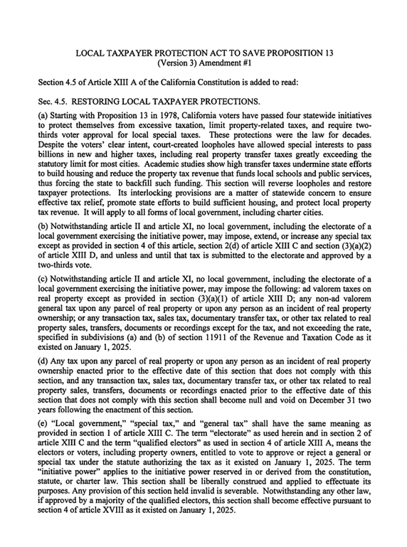 Final language just dropped for a 2026 ballot measure that would repeal local transfer taxes (like L.A.’s Measure ULA) that used the “Upland Loophole” to skirt Prop 13’s 2/3 vote rule. 

If it passes, those taxes will sunset in 2 years—unless re‑approved by 2/3 of voters. 🧵