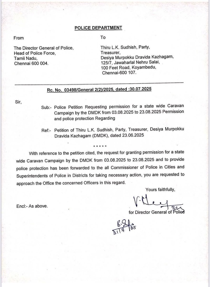 CaptainPrasant's tweet photo. Granting permission for a state wide Captain Vijayakanth Caravan campaign by the DMDK from 03.08.2025 to 23.08.2025 and also provided police permission all over Tamil Nadu..
-
Thanks to the TN police...
-
#DMDKITWING
Premallatha Vijayakant  Vijayakant  DMDK Party https://t.co/ddgDrCbc6p