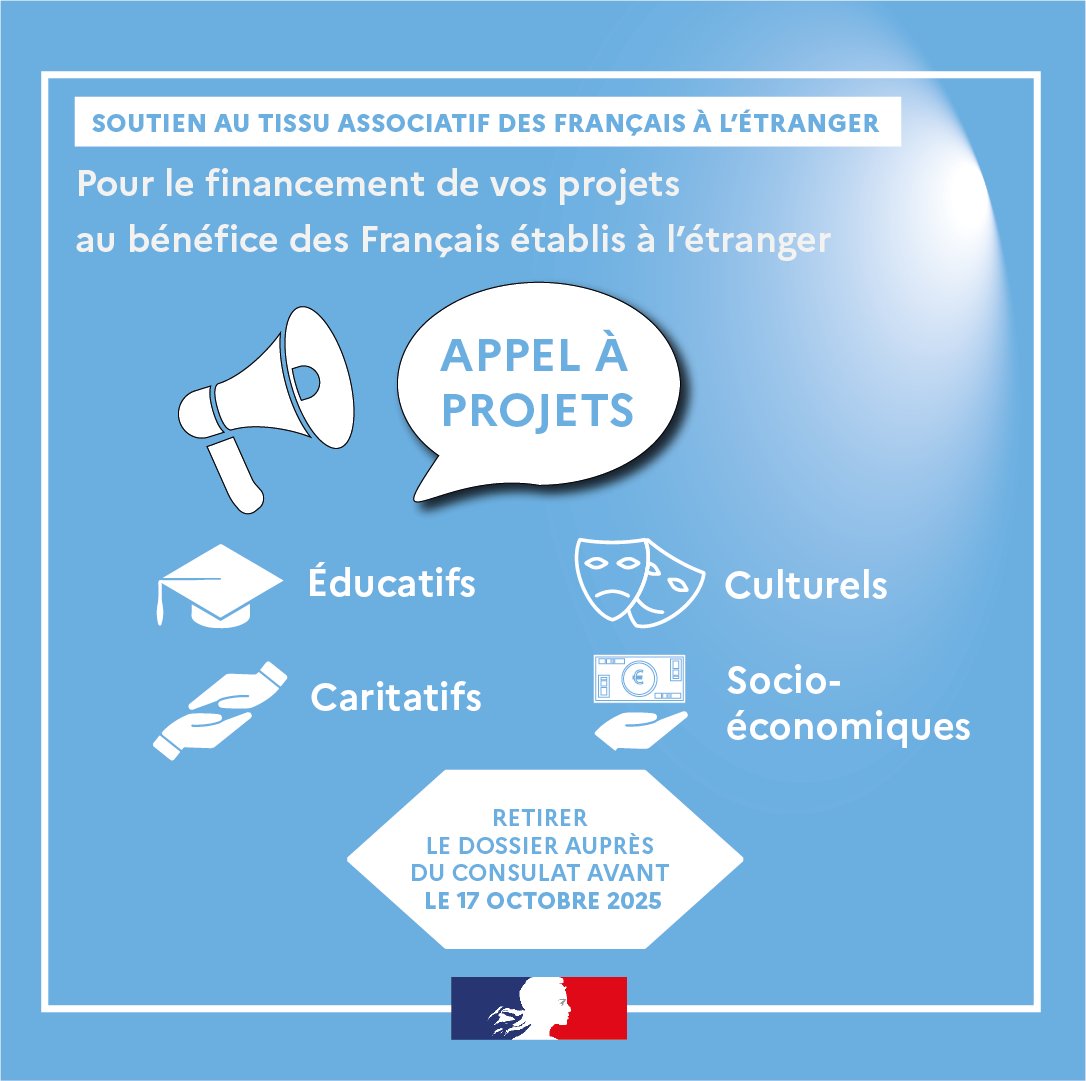Dispositif STAFE - appel à projets 2026 !
➡️ Les  dossiers de demandes de subvention peuvent être retirés auprès du  consulat au plus tard le 17 octobre 2025 par les responsables  d’associations à l’étranger.
🔗 Consultez les bases ici: cr.ambafrance.org/Dispositif-de-…