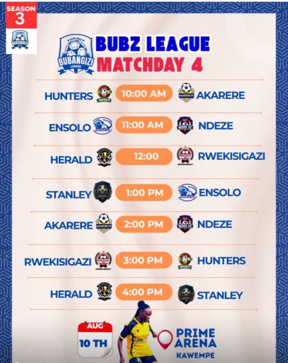 The fixtures are out 

We shall take over <a href="/EnsoloSC/">SC ENSOLO</a>  and <a href="/theHeraldFc/">Herald Fc</a> match day 4 on 10th August 
#BubzleagueSnIII