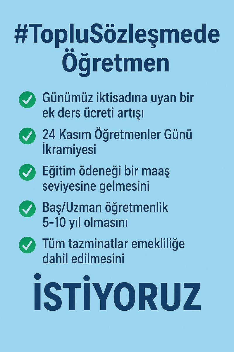 #TopluSözleşmedeÖğretmen

*Günümüz iktisadına uyan bir ek ders ücreti artışı
*24 Kasım Öğretmenler Günü İkramiyesi
*Eğitim ödeneği bir maaş seviyesine gelmesini
*Baş/Uzman öğretmenlik 5-10 yıl olmasını
*Tüm tazminatlar emekliliğe dahil edilmesini

İSTİYOR.