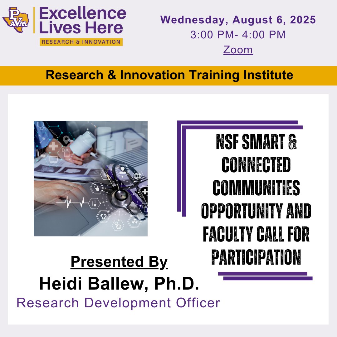 Faculty: Don’t miss this NSF Smart &amp; Connected Communities webinar!

🗓 Aug 6 | ⏰ 3 PM
💰 Up to $5M in funding
🌐 Join PVAMU’s smart rural project
🎯 PI/co-PI roles open

Zoom Meeting Link: pvpanther.zoom.us/j/93346904440?…

Tap into a transformative research opportunity!