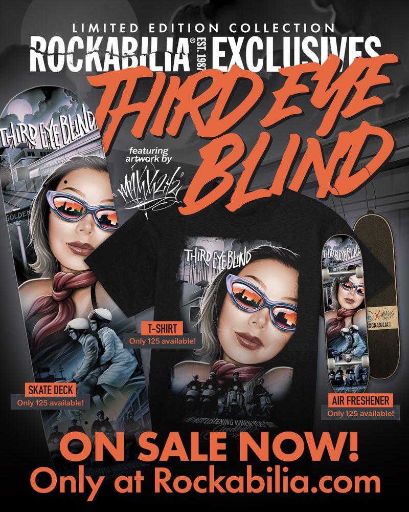 rockabilia's tweet image. Happy @ThirdEyeBlind Thursday! Our exclusive “Semi-Charmed Life” merch collection by artist @maxxer242 just dropped at Rockabilia.com. Each item is limited to 125 pieces worldwide, so act fast.
🌉🛹🌉 
#Maxx242 #Rockabilia #SemiCharmedLife #StephanJenkins #ThirdEyeBlind