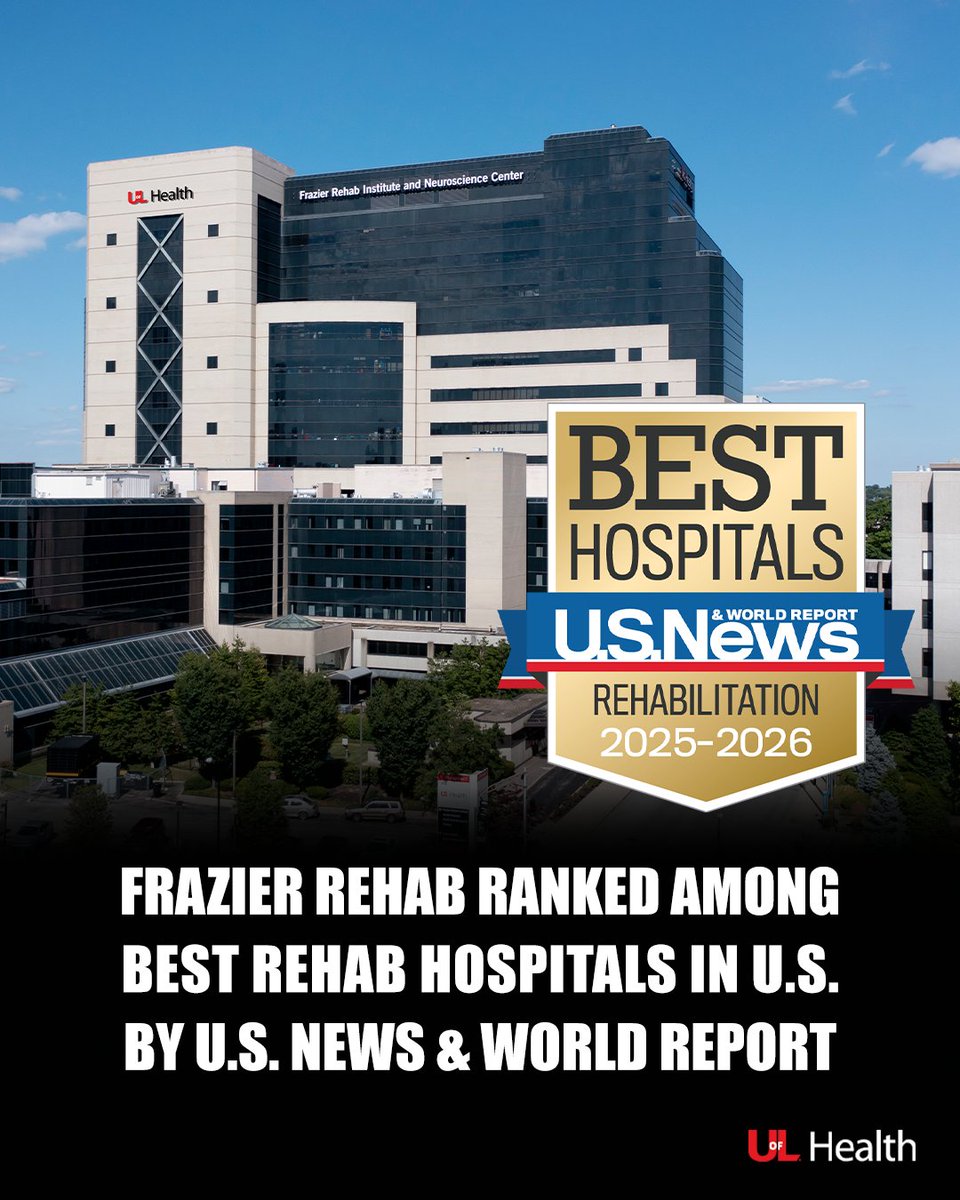 UofL Health - Frazier Rehabilitation Institute  has been named a 2025-2026 Best Hospital by U.S. News and World Report (<a href="/usnews/">U.S. News & World Report</a>), ranking No. 1 in Kentucky and No. 40 in the nation in Best Hospitals for Rehabilitation. 🔗 ULHealth.co/3Hf2QQl