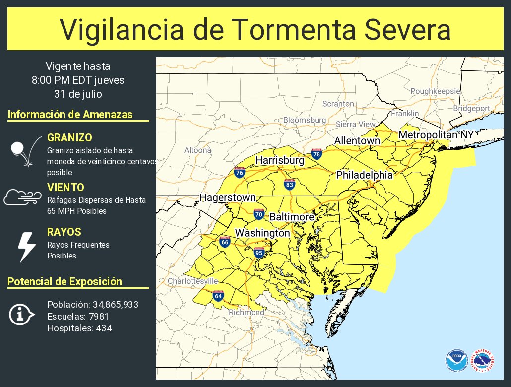 Vigilancia de Tormenta Severa ha sido emitida para partes de DE, DC, MD, NJ, NY, PA, VA, WV hasta las 8 PM EDT