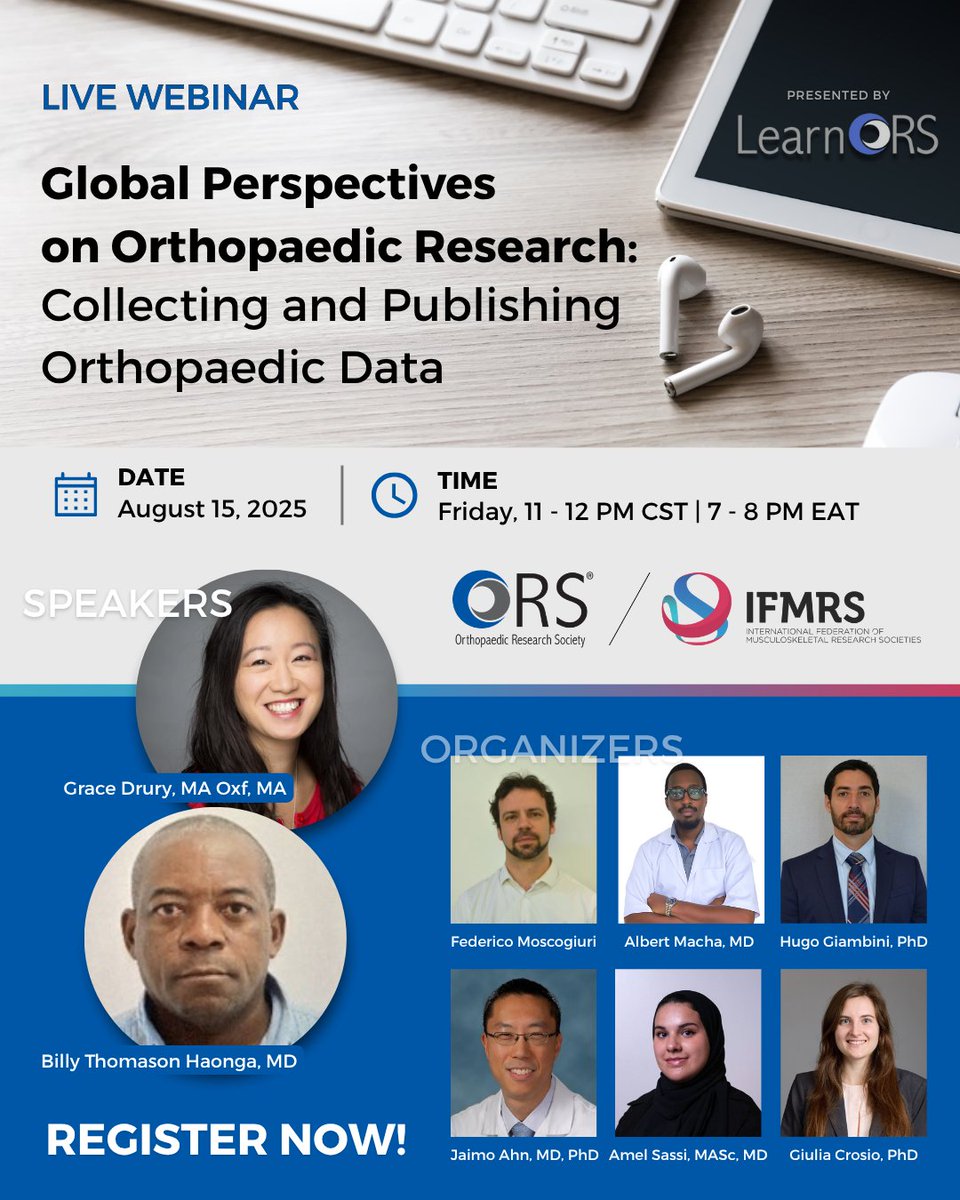 Orthopaedic Research Society (@orssociety) on Twitter photo 🔎 Join us Aug 15 for a webinar focused on #orthopaedicresearch in Africa & beyond - How to collect clinical data, balance practice & research, & publish for global impact. Register: ors.memberclicks.net/ifmrs081525web
In partnership with <a href="/IFMRSGlobal/">IFMRS</a> & Dr. Albert Macha of <a href="/MuhimbiliOrtho1/">Muhimbili Orthopaedic Institute(MOI)</a>. 🔎 Join us Aug 15 for a webinar focused on #orthopaedicresearch in Africa & beyond - How to collect clinical data, balance practice & research, & publish for global impact. Register: ors.memberclicks.net/ifmrs081525web
In partnership with <a href="/IFMRSGlobal/">IFMRS</a> & Dr. Albert Macha of <a href="/MuhimbiliOrtho1/">Muhimbili Orthopaedic Institute(MOI)</a>.