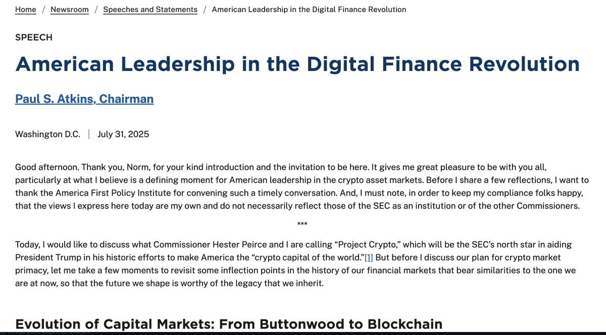 SEC Chairman Paul Atkins @SECPaulSAtkins speech today. 