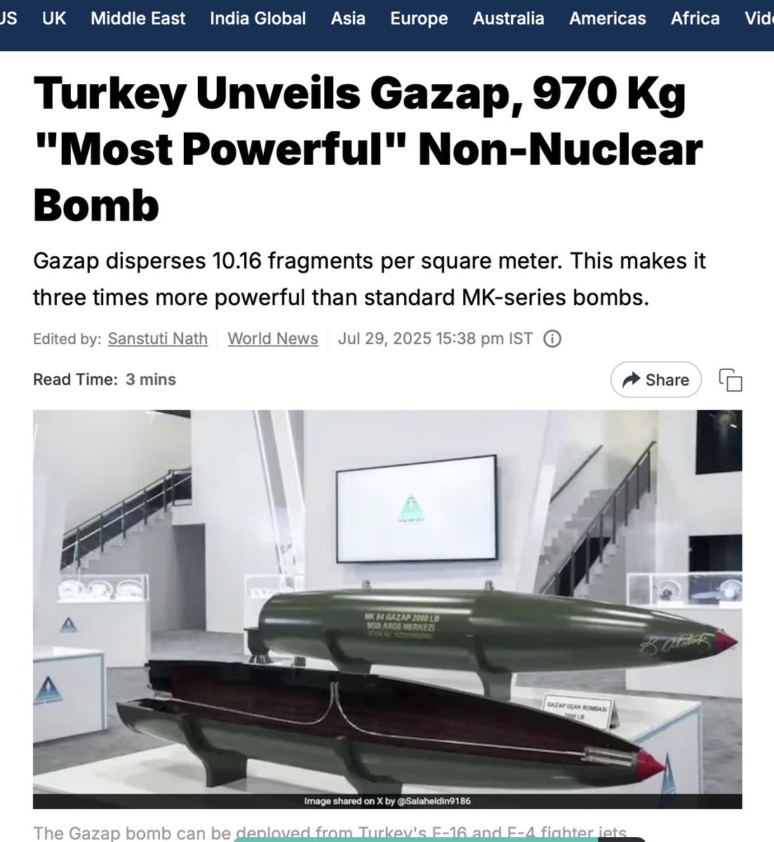 GAZAP’ın gücü sınır tanımıyor: Dünya medyası takipte

Hindistan merkezli uluslararası medya kuruluşu WION, Türkiye’nin tanıttığı 970 kilogramlık GAZAP bombasını “nükleer olmayan en güçlü bomba” olarak manşetine taşıdı.

Haberde, GAZAP’ın metrekareye 10,16 parçacık yaydığı ve