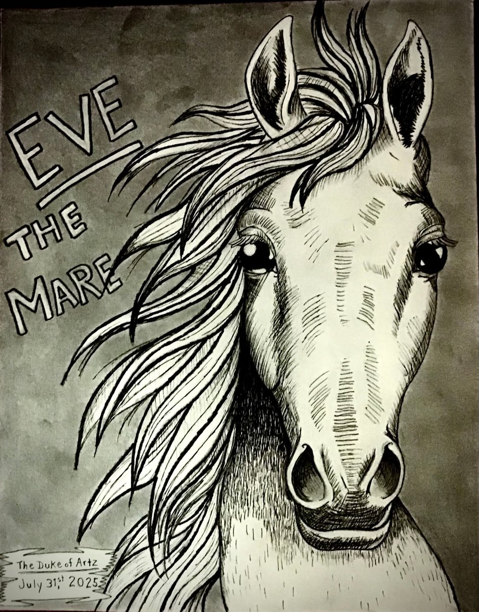 Hi 👋 
As #TheDukeofArtz I give you all my new traditional sketch drawing of “Eve the Mare.” 
This female white #camarillohorse is named “Eve” because that was the day she was born Six years ago on Thursday, 12/24/2020 Christmas Eve. 
What do you all think about “Eve the Mare“?