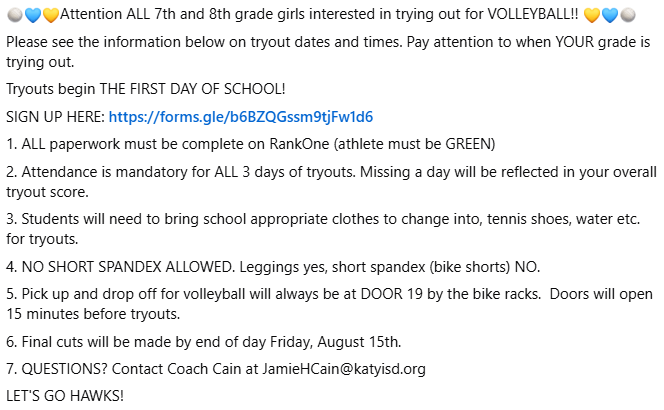 nelsonjh_hawks's tweet photo. 🏐💙💛Attention ALL 7th and 8th grade girls interested in trying out for VOLLEYBALL!! 🏐💛💙
Please see the information below on tryout dates and times. Pay attention to when YOUR grade is trying out! @nelsonhawksath https://t.co/wlrLu55niq