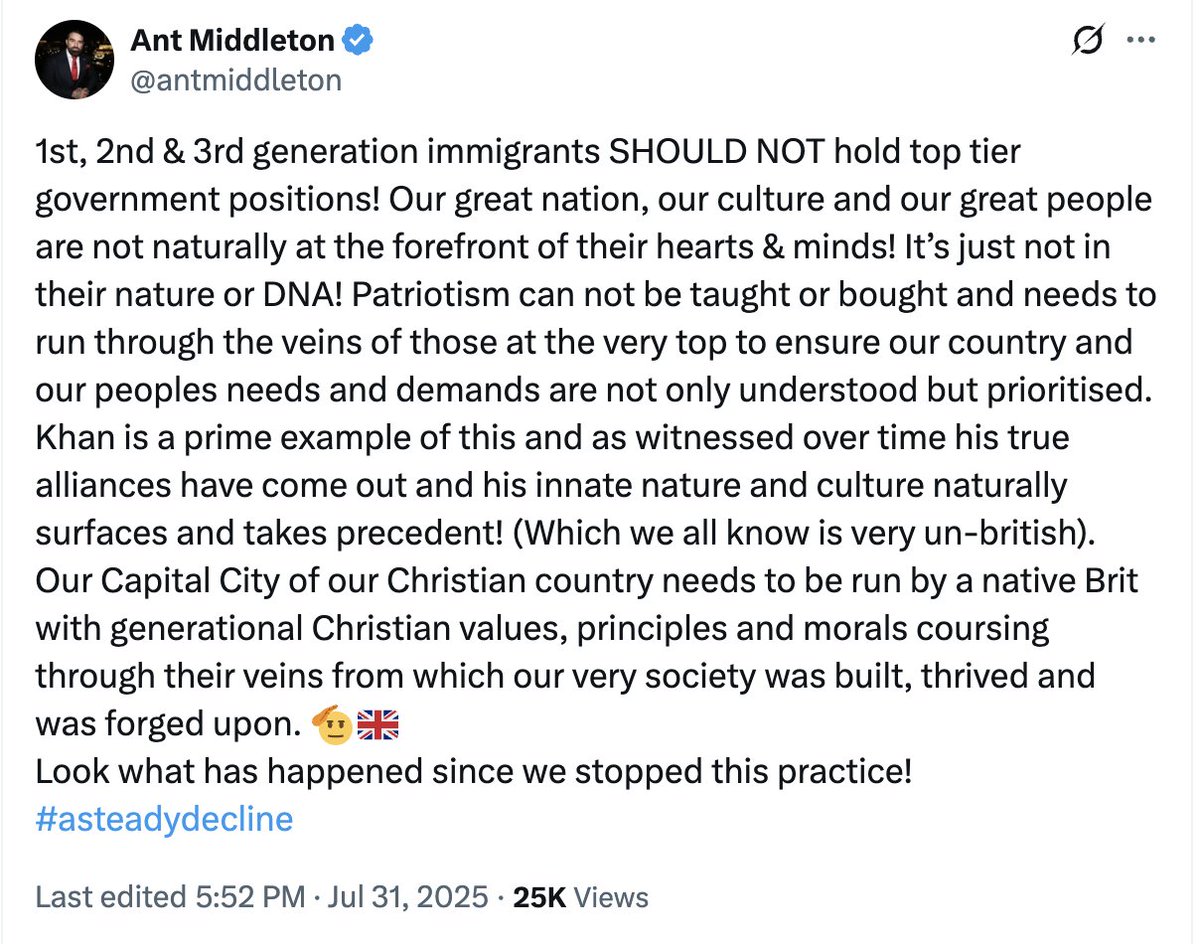Ant Middleton (who had hoped to be Reform candidate for Mayor of London, but may stand as an Independent) is a convict + racist who'd ban all of Kemi Badenoch, Sadiq Khan, Sunak, Suella Braverman, Ed Miliband, Zia Yusuf, Boris, Churchill, Disraeli + King Charles III from govt