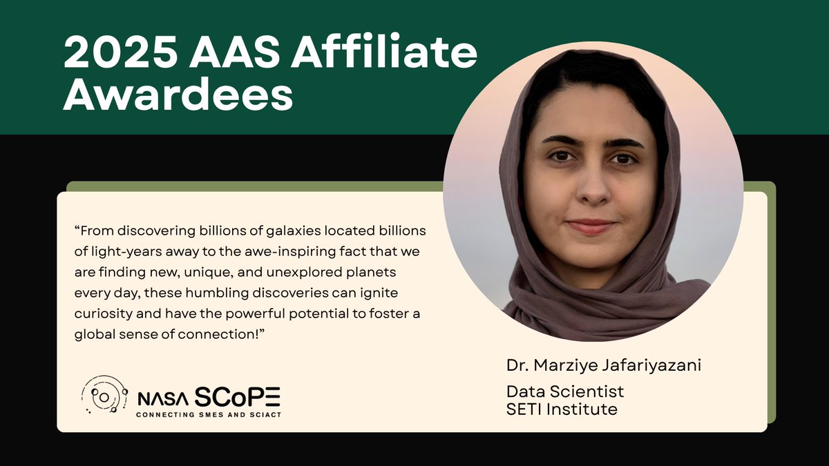 NASA SCoPE (@nasa_scope) on Twitter photo Get to know Marziye Jafariyazani! Dr. Jafariyazani is a data scientist for <a href="/NASA/">NASA</a>’s TESS Mission at <a href="/SETIInstitute/">The SETI Institute</a>. She is also a #AAS246 <a href="/AAS_Office/">American Astronomical Society (AAS)</a> <a href="/NASA/">NASA</a> SciAct Affiliate! Marziye is deeply committed to science education, communication, and public outreach. #SciComm ✨ Get to know Marziye Jafariyazani! Dr. Jafariyazani is a data scientist for <a href="/NASA/">NASA</a>’s TESS Mission at <a href="/SETIInstitute/">The SETI Institute</a>. She is also a #AAS246 <a href="/AAS_Office/">American Astronomical Society (AAS)</a> <a href="/NASA/">NASA</a> SciAct Affiliate! Marziye is deeply committed to science education, communication, and public outreach. #SciComm ✨