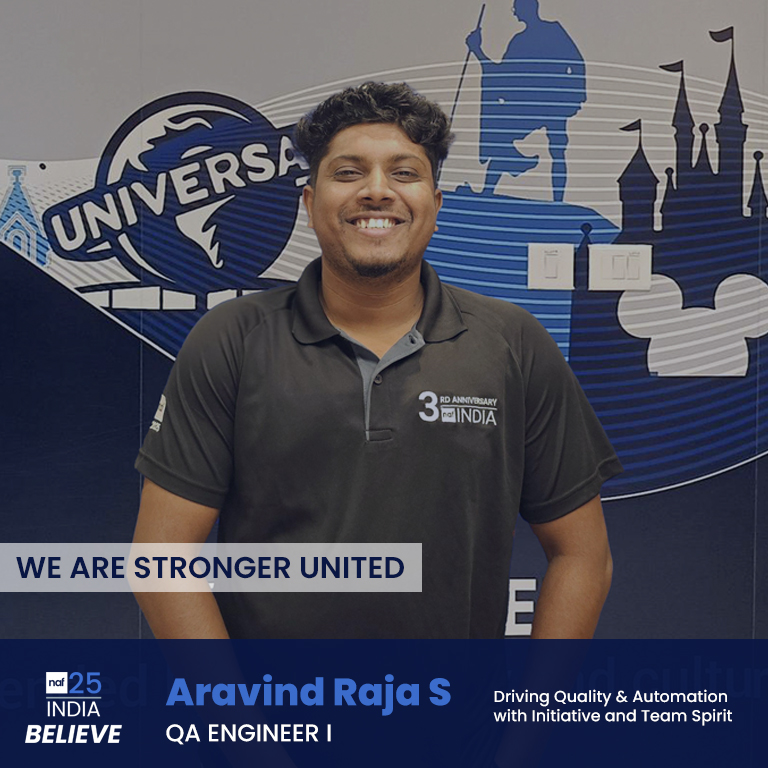 NafTechnology's tweet image. Aravind Raja S, QA Engineer I, is recognized with We Are Stronger United at #Believe25.
From driving test automation to mentoring peers and building internal tools, Aravind shows that real progress happens when teams move forward together.

#NAFIndia #PeopleFirst #QAExcellence