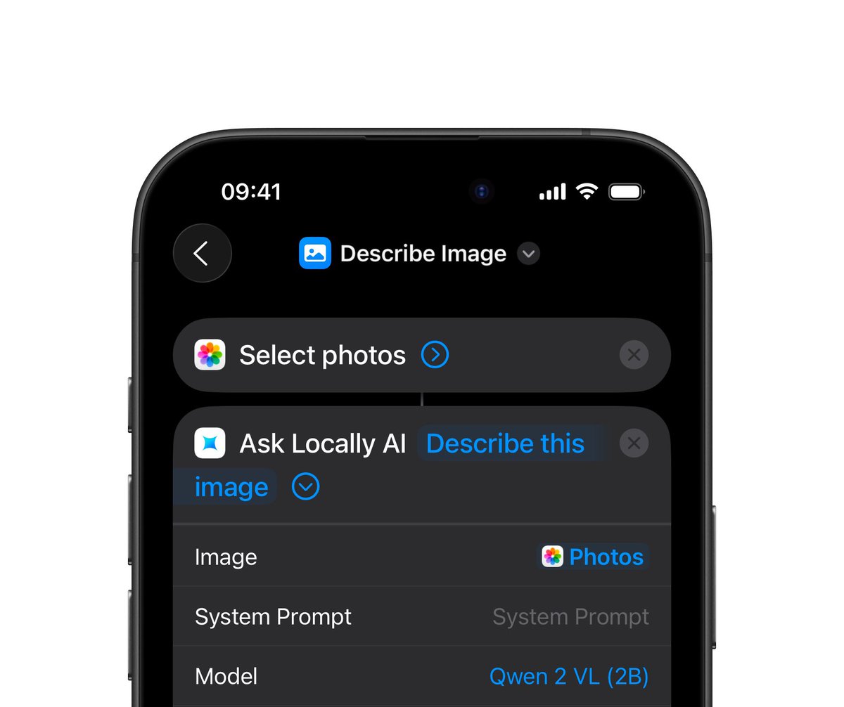 New update 🎉

You can new analyze images with the "Ask Locally AI" shortcut.

Here’s an example with the "Select photos" shortcut to select a photo from your library and describe it: