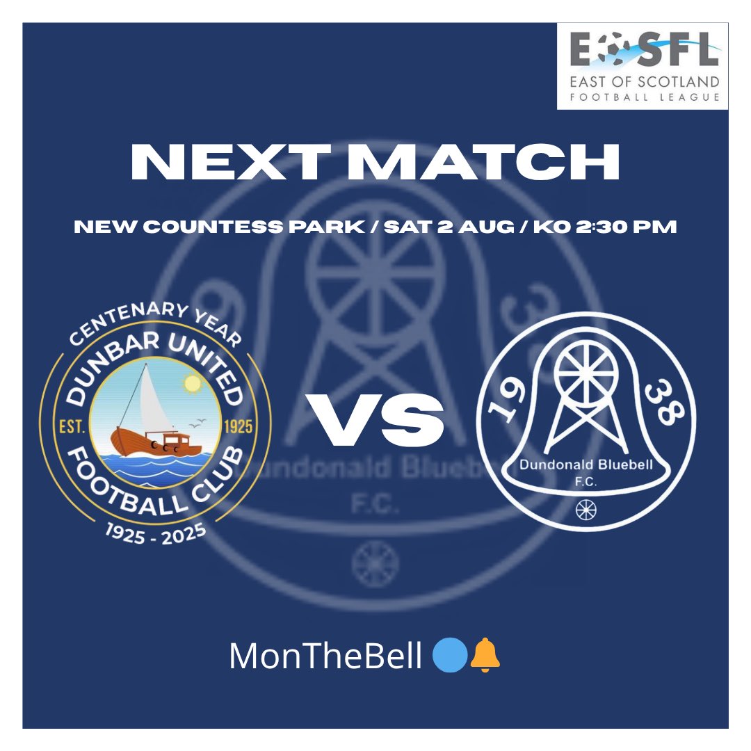 Dundonald Bluebell FC (@dbfc1938) on Twitter photo NEXT MATCH | Dunbar United (Away)
On Saturday we travel to Dunbar in which is our third league game after our recent win on Tuesday.
๐ <a href="/DunbarUtd/">Dunbar United FC</a>
๐
Aug 2nd
โฐ 2.30 pm Kick Off
๐๏ธ New Countess Park, EH42 1RF
MonTheBell ๐ต๐ NEXT MATCH | Dunbar United (Away)
On Saturday we travel to Dunbar in which is our third league game after our recent win on Tuesday.
๐ <a href="/DunbarUtd/">Dunbar United FC</a>
๐
Aug 2nd
โฐ 2.30 pm Kick Off
๐๏ธ New Countess Park, EH42 1RF
MonTheBell ๐ต๐