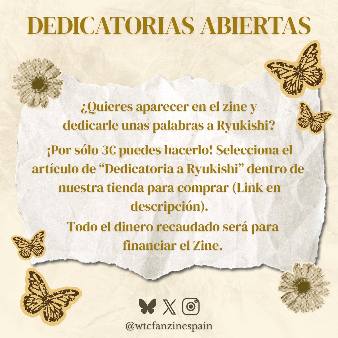 ✨ DEDICATORIAS ABIERTAS PARA “Dear You, Ryukishi” ✨

¿Quieres aparecer en el zine y dedicarle unas palabras a Ryukishi? ¡Por sólo 3€ puedes hacerlo! Todo el dinero recaudado será para financiar el zine.

🖇️ INFO/PAGO AQUÍ: wtcfanzinespain.bigcartel.com/product/dedica…

📆 Tienes hasta el 20 Agosto