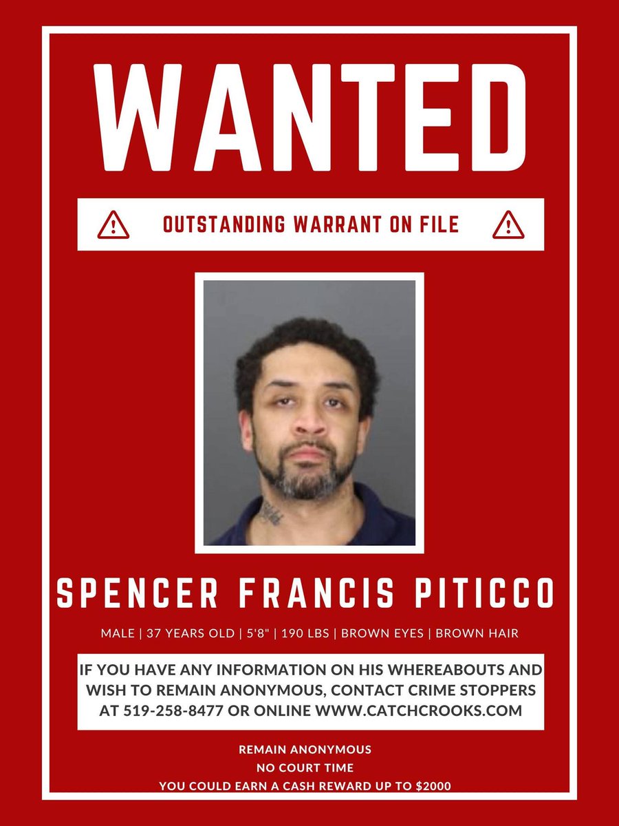 If you have any information on the whereabouts of Spencer Piticco and wish to remain anonymous, contact Windsor &amp; Essex County Crime Stoppers at 519-258-8477 or go online at catchcrooks.com  

Please share!