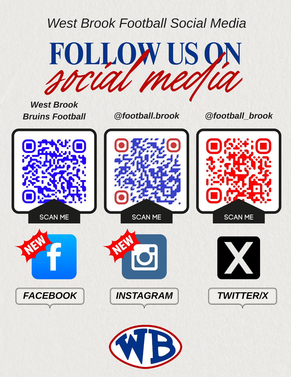 West Brook Football is now on all platforms!
Facebook ✅
Instagram ✅
Twitter/X ✅

Scan the QR codes to lock in with us all season long! Let's get social! 
#BrookFamily