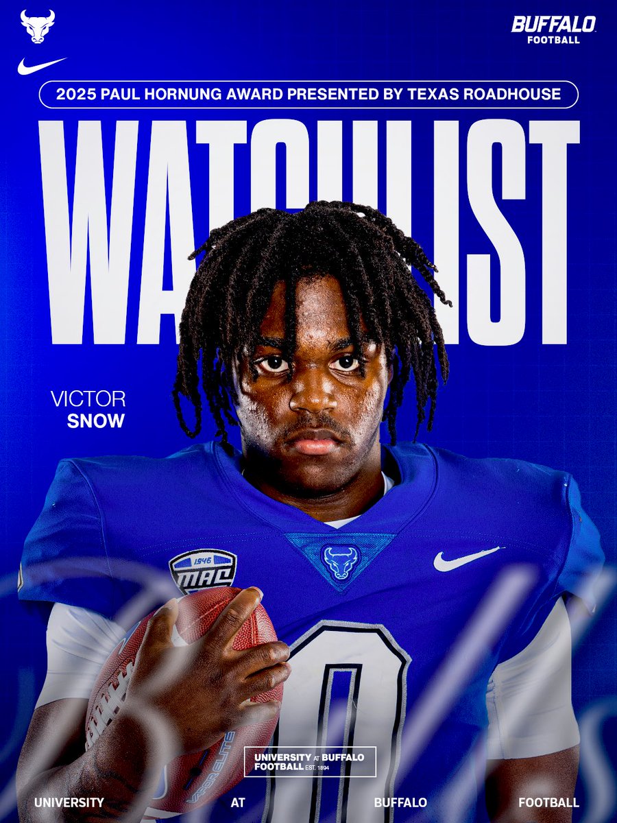 Victor Snow has been named to the watch list for the 2025 Paul Hornung Award!

🔗 ubbulls.com/news/2025/7/31…

#UBhornsUP🤘l #BullMarket📈