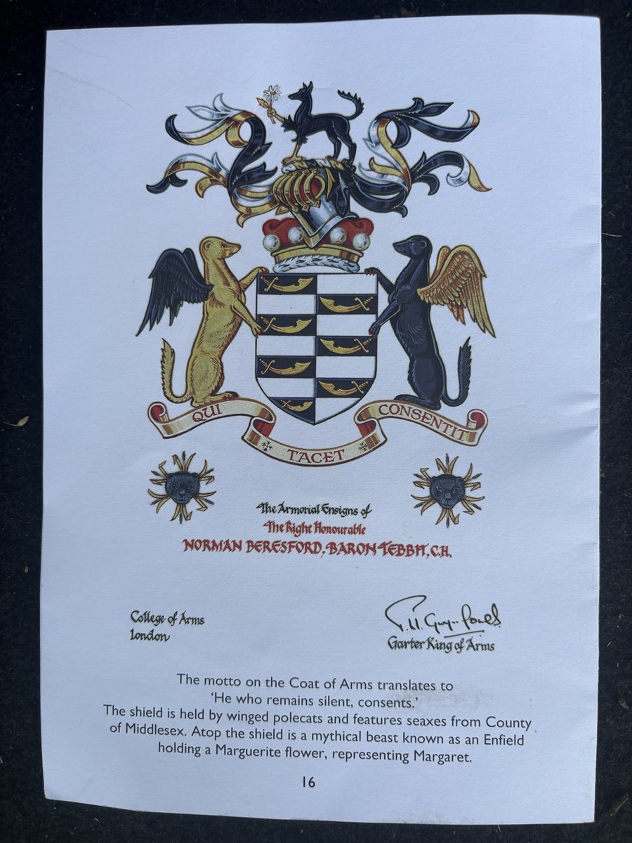 brit_battleaxe's tweet photo. Gloriously uplifting funeral for the late great #NormanTebbit this morning. Privileged to be there to pay respects to this kind, caring, thoughtful, practical man. NB the ‘winged polecats’ on his coat of arms - brilliantly witty touch! https://t.co/T4gvCTIglg