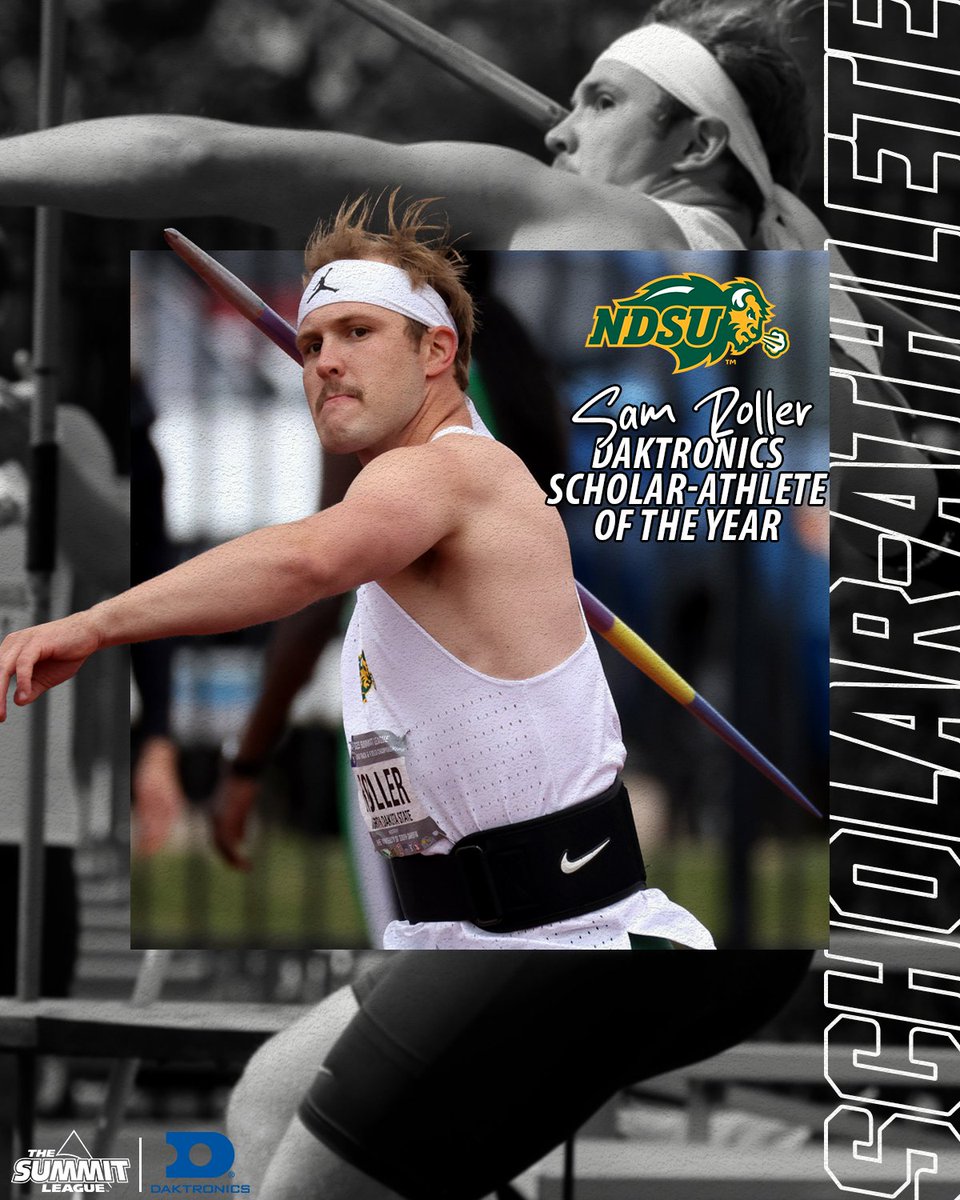 TheSummitLeague's tweet photo. Brains, talent, and unmatched drive— @NDSUTrackField's @SamRoller_ is your 2024-25 Male @Daktronics Scholar-Athlete of the Year!

📰» https://t.co/d8XX3KnTs7

#ReachTheSummit x @NDSUathletics https://t.co/OhC3N1nDgK