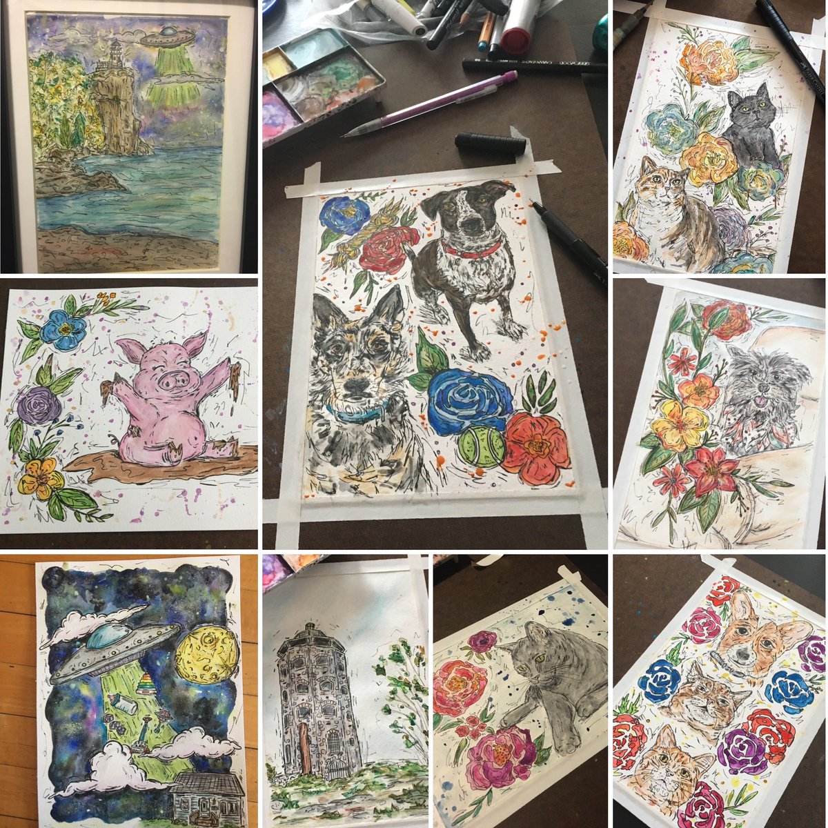 My student loans are starting up again next month, and holiday time is around the corner…. 
I’m thinking of opening up some 6x9 watercolor/drawing commissions ($75- unframed) I also have smaller 6x4 option if interested in smaller work. Lemme know if interested!