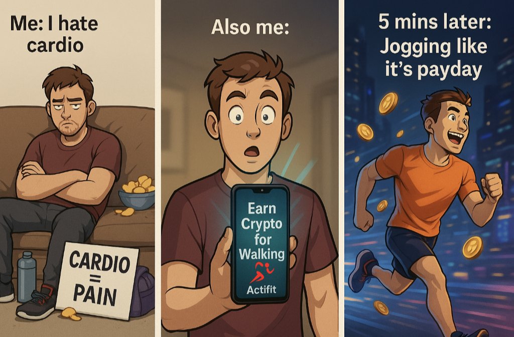 Me: I hate cardio.
Also me: Wait… I earn crypto for walking?
Me 5 mins later: Jogging like it’s payday 🏃🏽‍♂️💸

#Actifit #Hive #MoveToEarn #CryptoWalks #NoExcuses