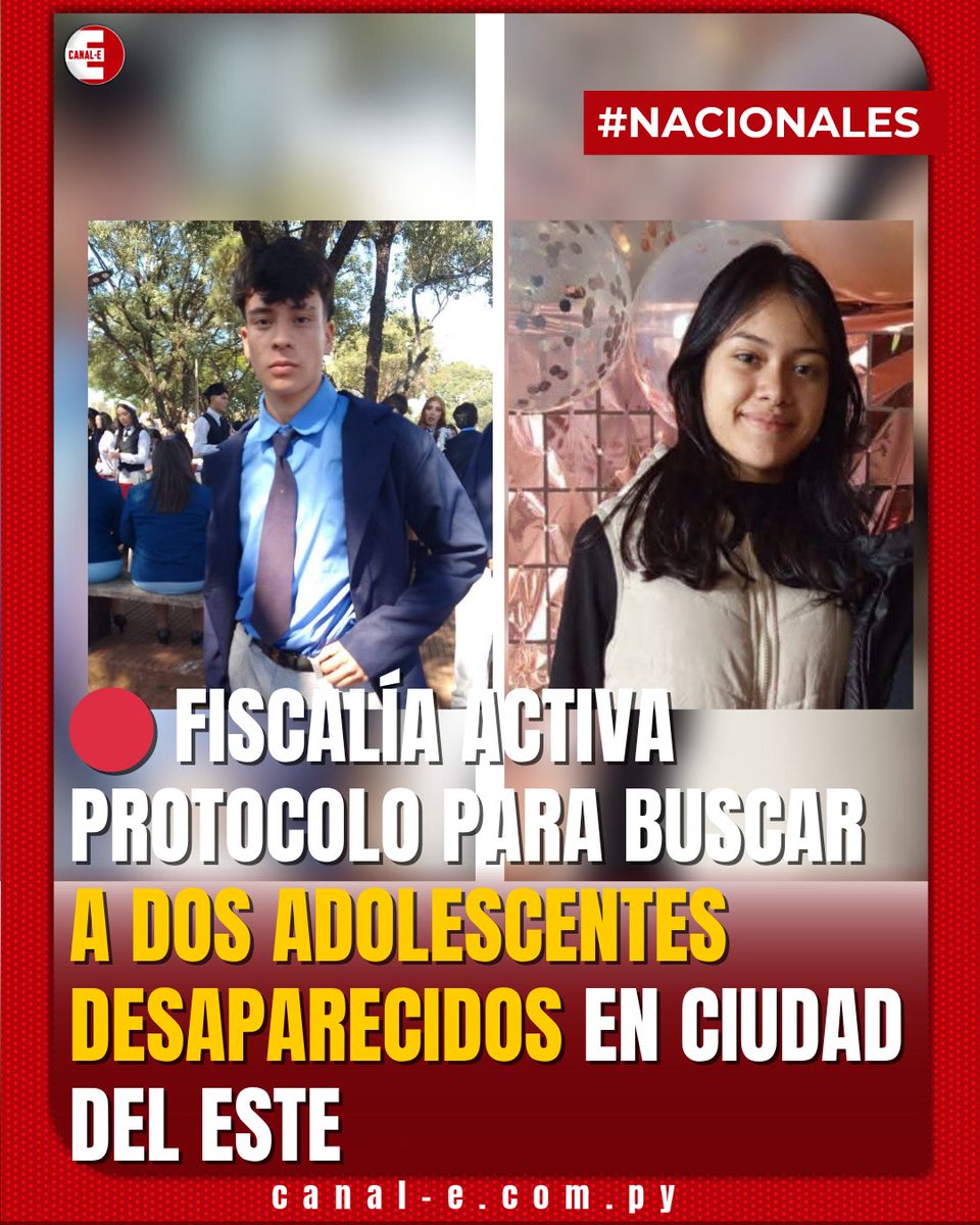 📍 Ciudad del Este | Fiscalía activa protocolo por dos adolescentes desaparecidos 😱

🔎 El Ministerio Público dispuso la búsqueda de Carina Monserrat Paredes Vera (15) e Ismael Ramón Cabral Rojas (16), desaparecidos esta semana en Ciudad del Este.

📌 Carina descendió del