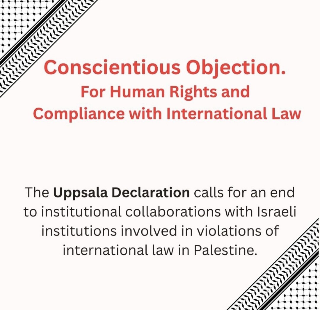 We (...) conscientiously
refuse to cooperate with the state of Israel and Israeli institutions that are complicit in illegal occupation, apartheid, genocide, and other violations of international law. We (...) are committed to the following principles: 👇 uppsaladeclaration.se/germany/