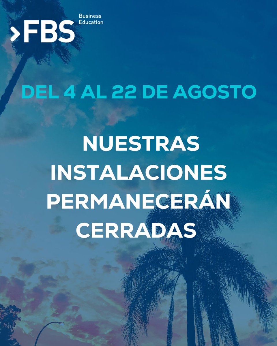 📅 Verano en Fundesem

🔒 Del 4 al 22 de agosto, nuestras instalaciones permanecerán cerradas por vacaciones.

¡Nos vemos a la vuelta con más energía!

#FBS #Fundesem