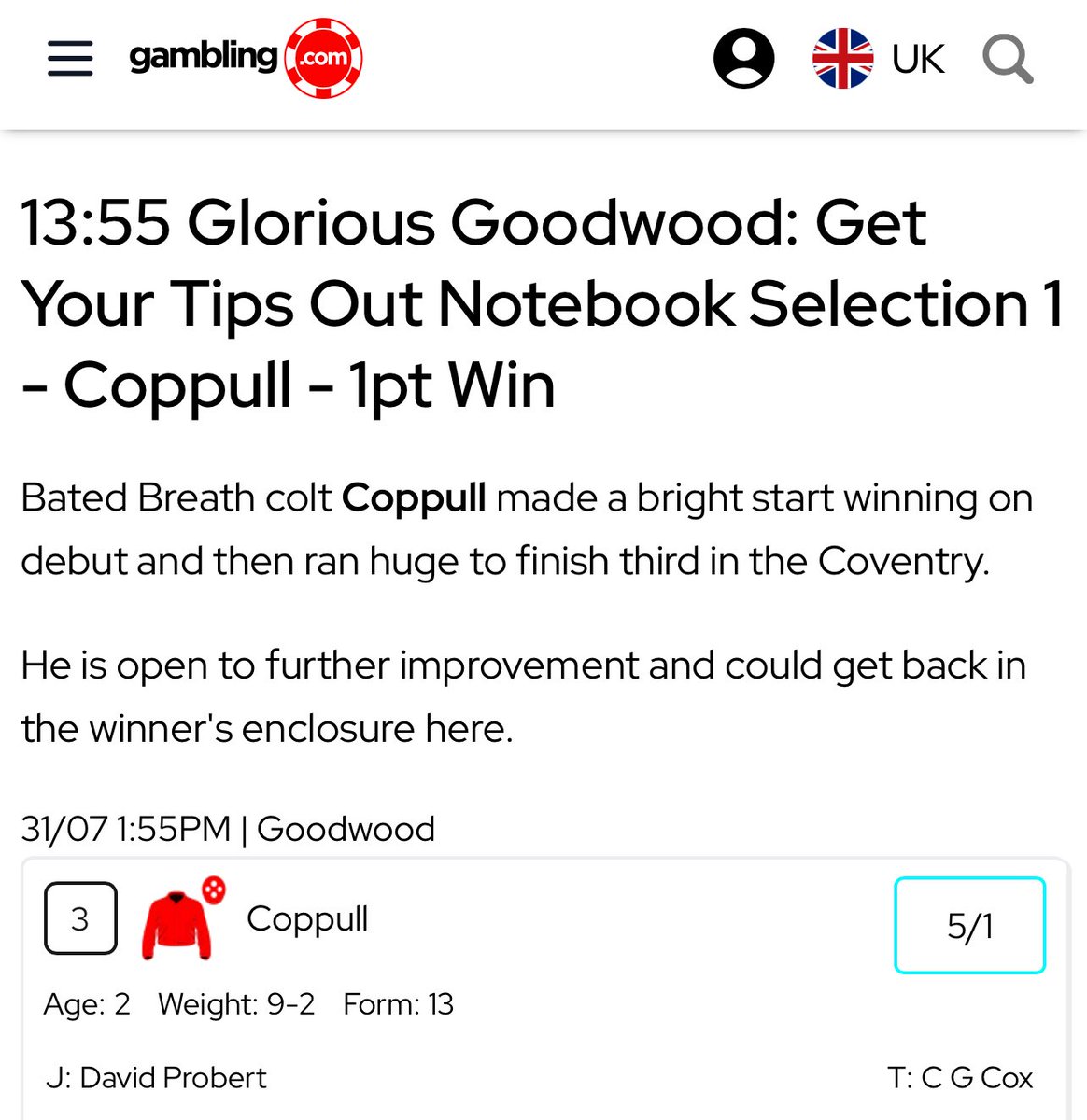 COPPULL!!!!!!!!!!!!!!!!!!!!!!

Notebook winner for <a href="/ThePanelGDC/">The Panel</a> 📝 

💰 Tipped at 5/1

Tap ❤️ if you got on