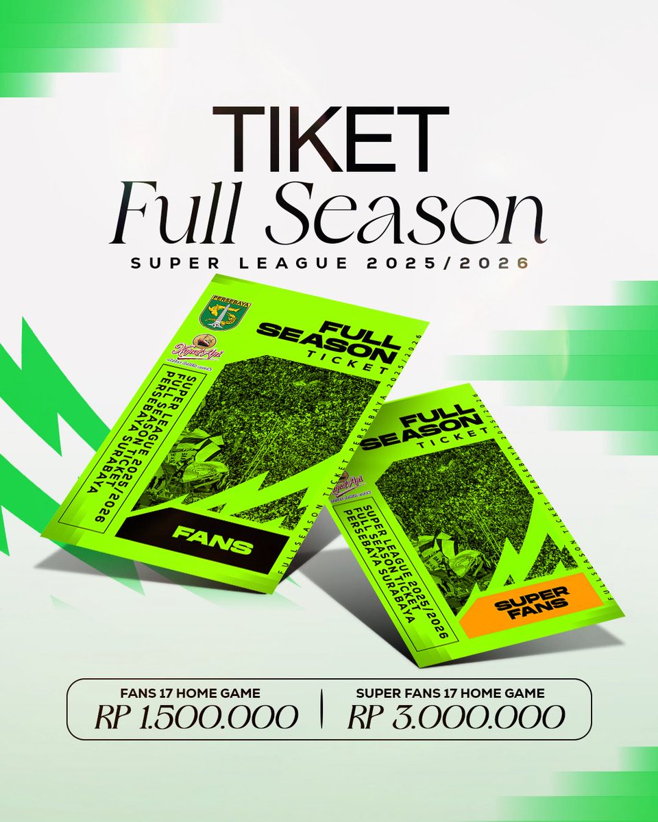 Full Season Ticket Persebaya Hadir! 
.
Amankan tiket untuk 17 home game Persebaya di musim 2025/ 2026. Tidak perlu ticket war, tidak perlu tukar gelang. Kalian bisa memilih tiker FANS (Tribun Bawah) atau SUPER FANS (Tribun Bawah).
.
Sama seperti musim lalu, kalian akan