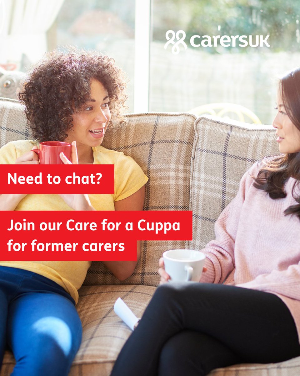 Are you a former carer?

Join us for a special Care for a Cuppa where you can spend time talking with others who understand the particular challenges you may face when caring comes to an end

Wednesday 13 August, 3-4pm

go.carersuk.org/4nWzs1Q?utm_so…