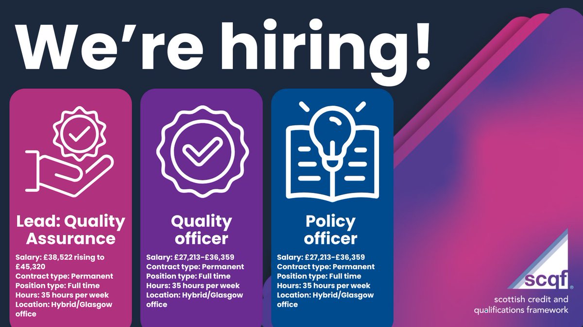 📢 We’re hiring! Join the SCQF Partnership and help shape Scotland’s education and skills future.

We are looking for: 
🚀 Lead: Quality Assurance
✅ Quality Officer
✨ Policy Officer

Apply by 14 August
🔗scqf.org.uk/about-us/caree…

#SCQF #Jobs #Hiring