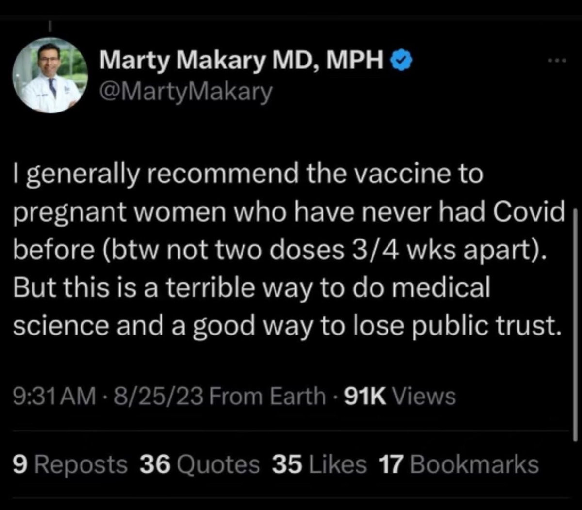 MaryBowdenMD's tweet image. Congratulations @DrMakaryFDA on the birth of your child!  

Did your wife follow @CDCgov recommendations and get the Covid shot?  

The public deserves an answer.