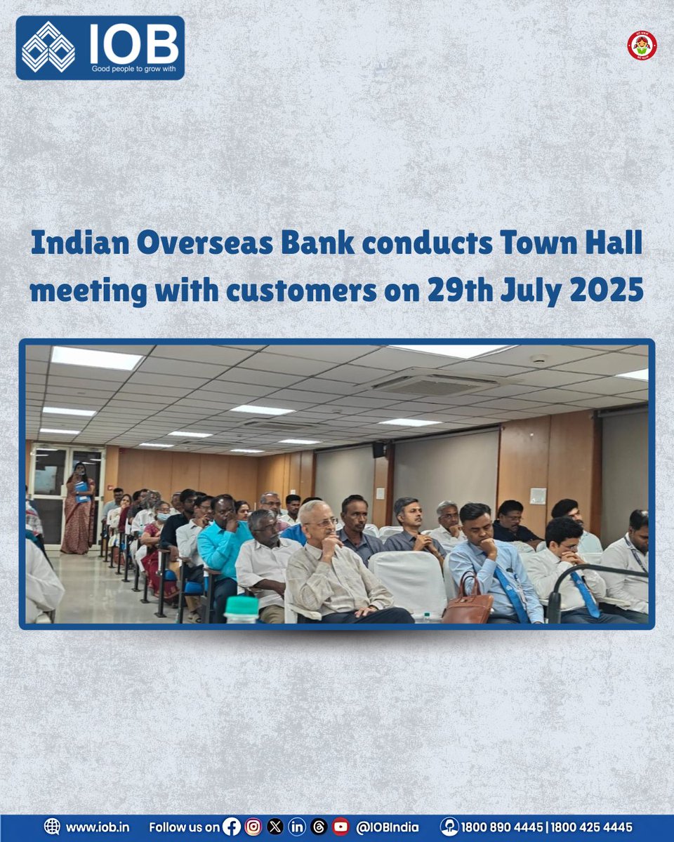 IOB Regional Office, Chennai II, led by Chief Regional Manager Smt. Dhurgadevi, held a successful interaction with customers — explaining the grievance redressal mechanism, addressing feedback, introducing new products, and felicitating valued patrons.

#IOB #IndianOverseasBank