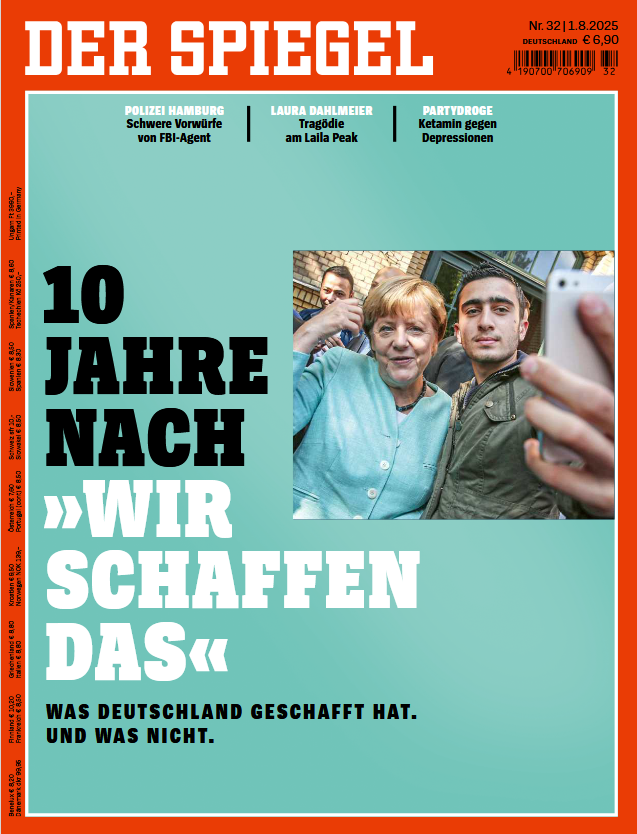 "10 ans après "Wir schaffen das". Ce qui a fonctionné. ce qui a échoué"
Le magazine consacre une dizaine de pages à l'anniversaire de la vague migratoire historique de 2015.