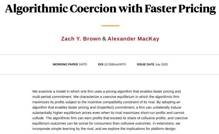 NBER (@nberpubs) on Twitter photo Pricing algorithms that provide a speed advantage and commitment can be worse for consumers than full collusion, from Zach Y. Brown and <a href="/_amackay/">Alex MacKay</a> nber.org/papers/w34070 Pricing algorithms that provide a speed advantage and commitment can be worse for consumers than full collusion, from Zach Y. Brown and <a href="/_amackay/">Alex MacKay</a> nber.org/papers/w34070