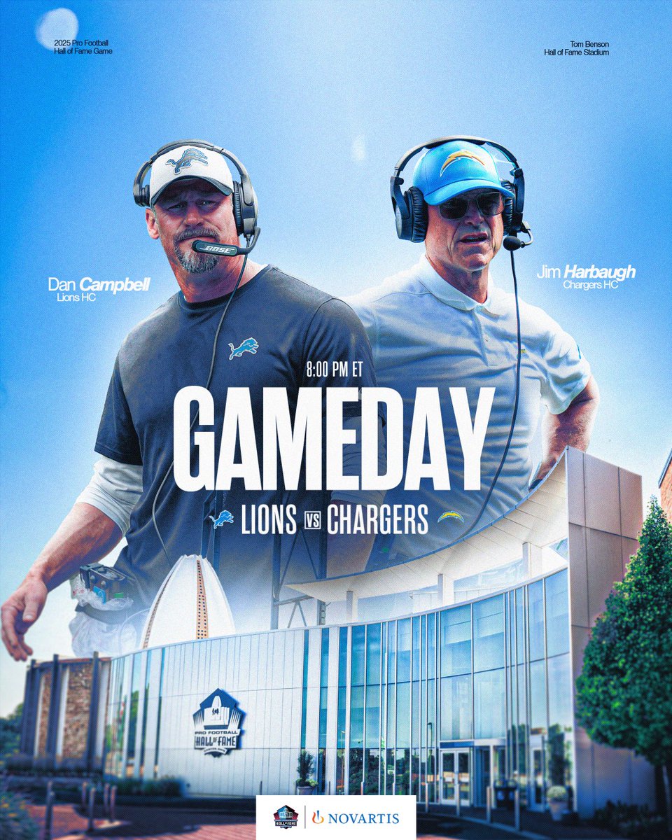 Pro Football Hall of Fame (@profootballhof) on Twitter photo LET’S PLAY SOME FOOTBALL!! 🏈
⏰ 8 p.m. EST
📺 Stream on <a href="/SNFonNBC/">Sunday Night Football on NBC</a>/@Peacock (Coverage starts at 7 p.m.)
🏈 <a href="/Lions/">Detroit Lions</a> vs. @Chargers
<a href="/NovartisUS/">Novartis US</a> | #PFHOF25 LET’S PLAY SOME FOOTBALL!! 🏈
⏰ 8 p.m. EST
📺 Stream on <a href="/SNFonNBC/">Sunday Night Football on NBC</a>/@Peacock (Coverage starts at 7 p.m.)
🏈 <a href="/Lions/">Detroit Lions</a> vs. @Chargers
<a href="/NovartisUS/">Novartis US</a> | #PFHOF25