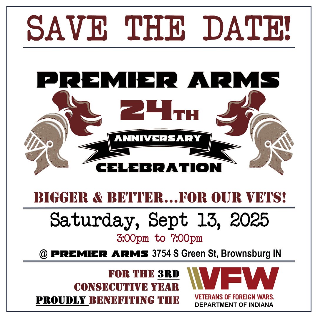 Blend Bar Cigar will be on-site with luxury cigars! 

In celebration of Premier Arms 24th anniversary, gather for an evening where legacy, craftsmanship, and camaraderie will take center stage.

#BlendBarCigar #luxuryCigars #PremierArms #indyevent #brownburg #vfw